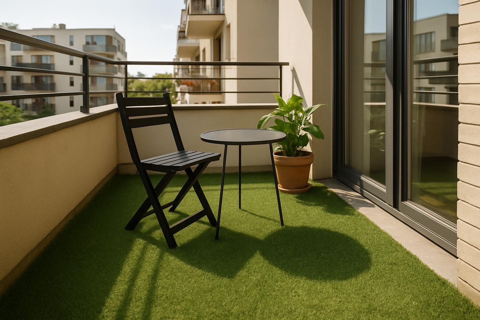 Balkon s umělým trávníkem, květináčem a malým posezením v letním světle